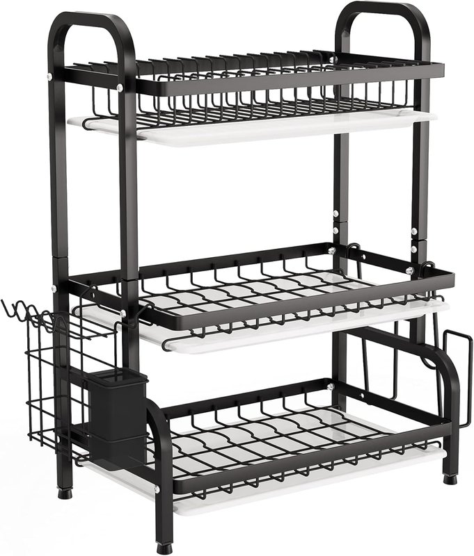 3-Tier Metal Dish Drying Rack with Drainboard and Utensil Holder, Black