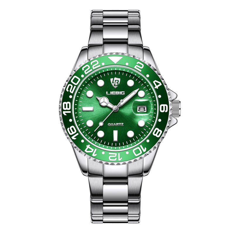 LIEBIG Diver Style Quartz Watch Green Dial Steel Band